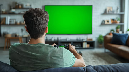 Young man relaxing on sofa and playing video games using wireless controller and watching green...