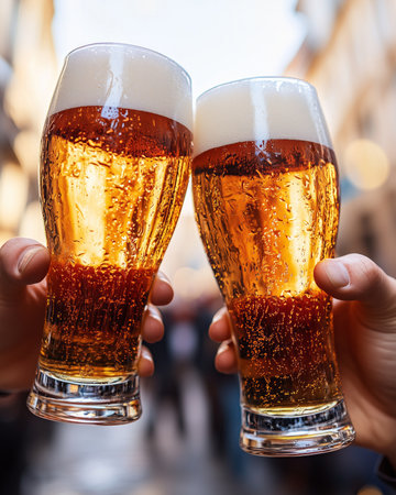 Two friends holding and toasting glasses of cold beer with condensation drops in city centerの写真素材
