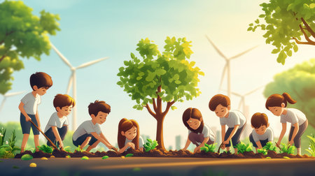 Kids planting trees near wind turbines, promoting environmental conservation and renewable energy...
