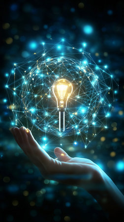 Hand holding a bright light bulb inside a digital network sphere, symbolizing innovation and...