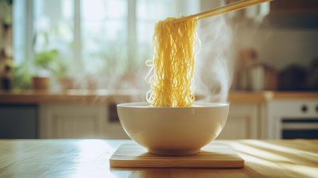 Warm and comforting scene of enjoying a hot bowl of noodles in a bright kitchen using chopsticksの写真素材