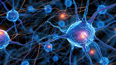 Neurons firing and making connections, transmitting information through electrical and chemical signals in nervous systemの写真素材