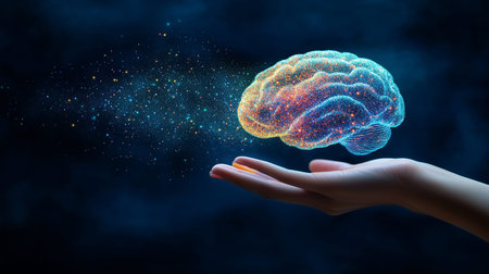Human hand holding a glowing digital brain made of particles, visualizing concepts of artificial...