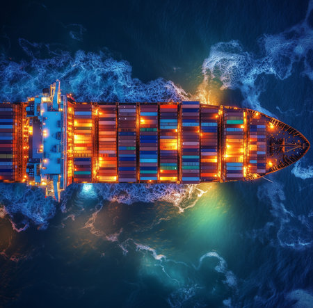 Aerial view of a container ship sailing on the ocean at night, lights illuminating the deck and...