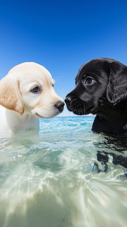 Two cute Labrador retriever puppies, one white and one black, swimming in the ocean on a sunny dayの写真素材