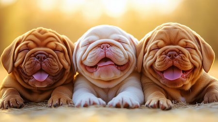 Three happy bulldog puppies lying on straw, enjoying a beautiful sunsetの写真素材