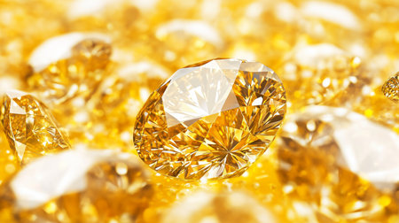 Close-up of a large, brilliant-cut yellow diamond sparkling amongst a group of smaller diamonds, creating a luxurious and opulent image.の写真素材