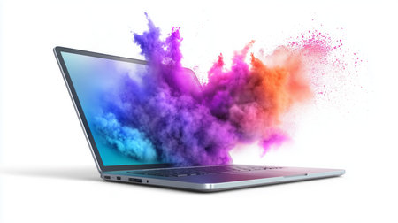 Modern laptop emitting colorful smoke on white background, concept of creativity and imagination.の写真素材