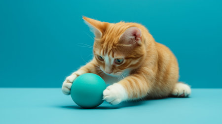 Cute ginger kitten playing with a turquoise ball on a blue seamless background, having funの写真素材