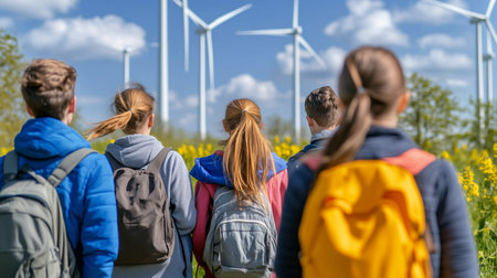 Group of students with backpacks walking through a rapeseed field towards wind turbines, learning about renewable energy and sustainabilityの写真素材