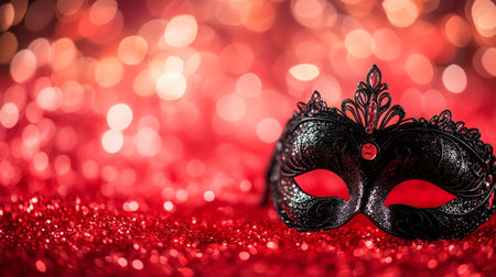 Elegant venetian mask resting on a red glitter background, illuminated by soft, romantic bokeh lights, creating a festive and mysterious atmosphereの写真素材