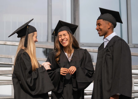 Three cheerful multi-ethnic graduating students wearing black graduation gowns are laughing together...