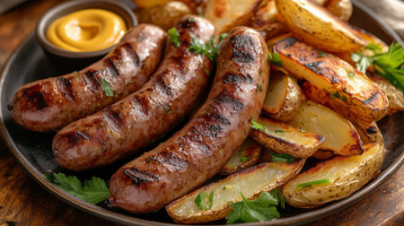 Juicy grilled sausages served with roasted potato wedges, mustard and fresh parsley on black plateの写真素材