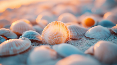 Beautiful seashells resting on the beach sand at sunset, creating a serene and calming coastal sceneの写真素材