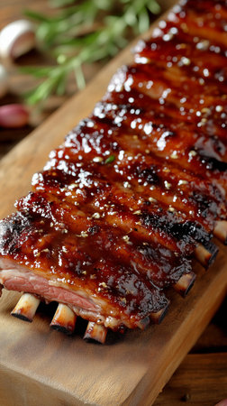 Delicious and juicy bbq pork ribs glazed with a sticky barbecue sauce, resting on a wooden cutting boardの写真素材