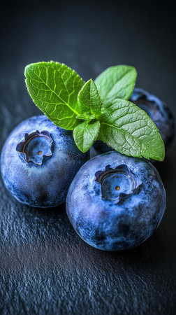 Close-up of ripe blueberries and fragrant mint leaves creating a vibrant and refreshing imageの写真素材