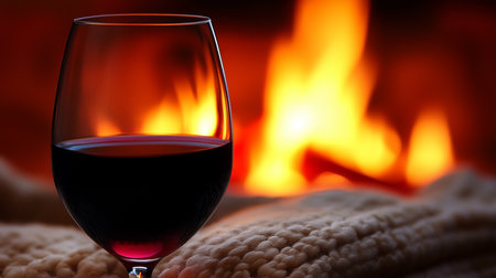 Red wine is warming near fireplace on cold winter evening, creating cozy and inviting atmosphereの写真素材