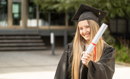 Young graduate student wearing gown and mortarboard, holding diploma, celebrating graduation dayの写真素材