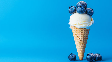 Vanilla ice cream in a waffle cone topped with fresh blueberries over a vibrant blue background creating a refreshing summer treatの写真素材