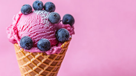 Pink ice cream scoop with blueberries and powdered sugar in a waffle cone on a pink background represents a refreshing summer treatの写真素材
