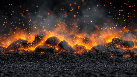 Smoldering coal embers glowing with warm orange light and smoke on a dark background create a fiery...