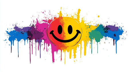 Vibrant paint splatters forming a cheerful smiley face, expressing happiness and joy with dripping colorsの写真素材