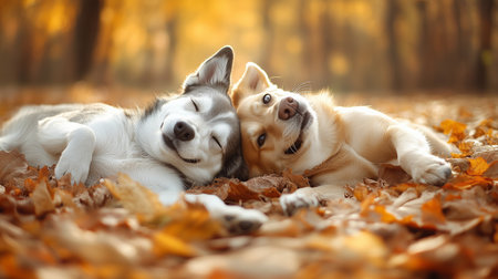 Two happy dogs are lying on the ground covered by autumn leaves and smiling in a forestの写真素材