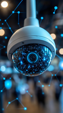 CCTV dome security camera is recording inside modern building, using futuristic network and digital...