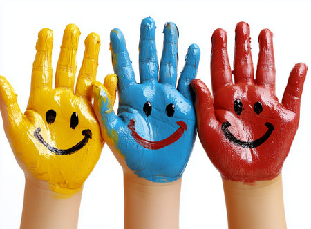 Kids hands painted in yellow, blue and red, showing smiley faces, symbolizing happiness, joy and funの写真素材