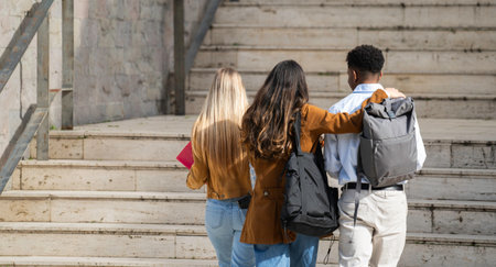 University students walking up stairs at college campus, going to classの写真素材
