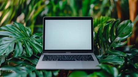 Laptop with empty screen is surrounded by vibrant green leaves, creating a serene workspace in natureの写真素材