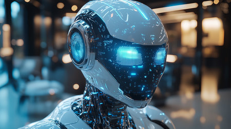 Humanoid robot showing its processing power with glowing eyes and digital data displayed on its faceの写真素材