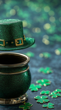 Saint Patrick's day still life with green leprechaun hat floating over pot of gold and shamrocks