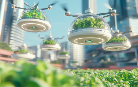 Futuristic drones transport crops, showcasing innovative urban farming and sustainable agriculture in a cityscapeの写真素材