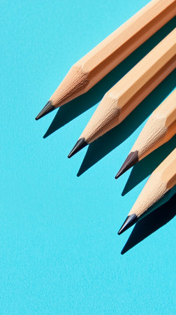 Four sharpened graphite pencils casting shadows on a vibrant blue background create a dynamic image...