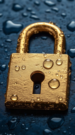 Water drops covering a closed golden padlock on a wet dark blue surface, representing data protection and securityの写真素材