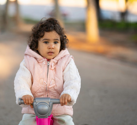 Adorable toddler girl enjoying riding her toy motorcycle in a park, bathed in the warm glow of golden hourの写真素材