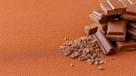 Chocolate bars stacked together with chocolate shaves on a cocoa powder background, creating an enticing and indulgent sceneの写真素材