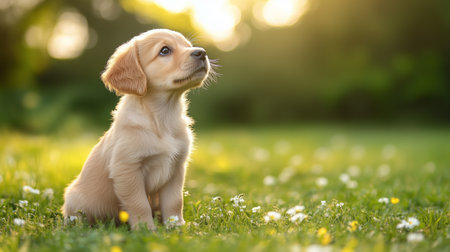 Adorable golden retriever puppy sitting in a field of grass and flowers, enjoying the warm sunset glowの写真素材