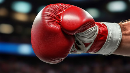Close-up of red boxing glove, showcasing the anticipation and power of a boxer in the ring, ready for the next punchの写真素材