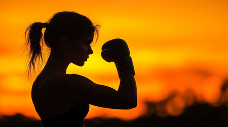 Silhouette of a female boxer showing her boxing gloves at sunsetの写真素材