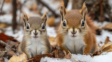 Two adorable squirrels are looking towards the observer, surrounded by autumn leaves and snowの写真素材