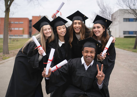 Group of cheerful multiethnic graduates wearing gowns and holding diplomas, celebrating their graduationの写真素材
