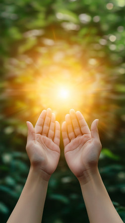 Woman holding her hands up to receive the light in a forest, spirituality and nature conceptの写真素材
