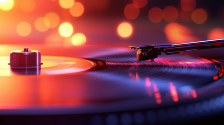 Close-up of a vinyl record spinning on a turntable under colorful bokeh lights, creating a vibrant...