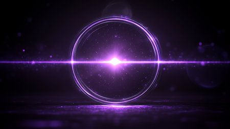Glowing purple circle emitting a bright light beam and particles over a dark backgroundの写真素材
