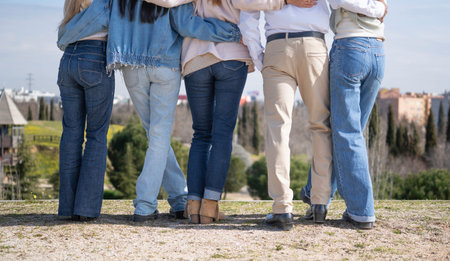 Group of friends wearing casual clothes embracing and looking at cityscape, back view