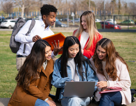 Diverse group of students working together on a project using a laptop outdoors on a sunny dayの写真素材