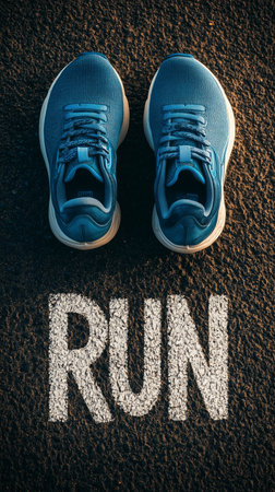 Pair of blue running shoes placed on asphalt above the word run written in white paintの写真素材