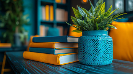 Stack of colorful books and a decorative plant sitting on a wooden table, creating a cozy atmosphere in a library or living roomの写真素材